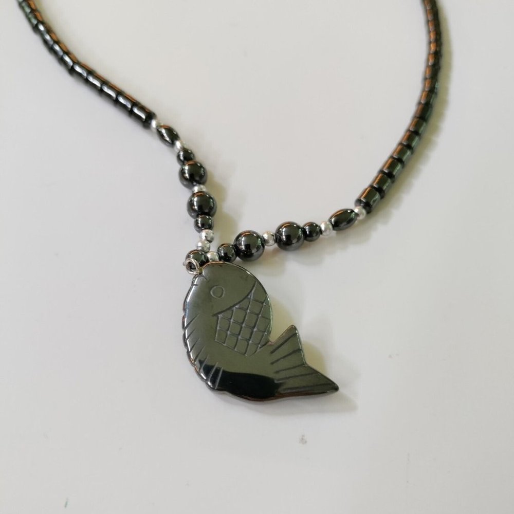 4/$20 Hematite Beaded Fish Pendant Choker Necklace 16" Screw Clasp